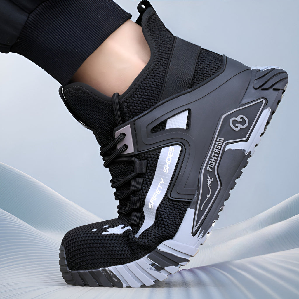 SafeStep PRO flexible work sneakers bending test demonstrating lightweight comfort and soft sole for all-day wear