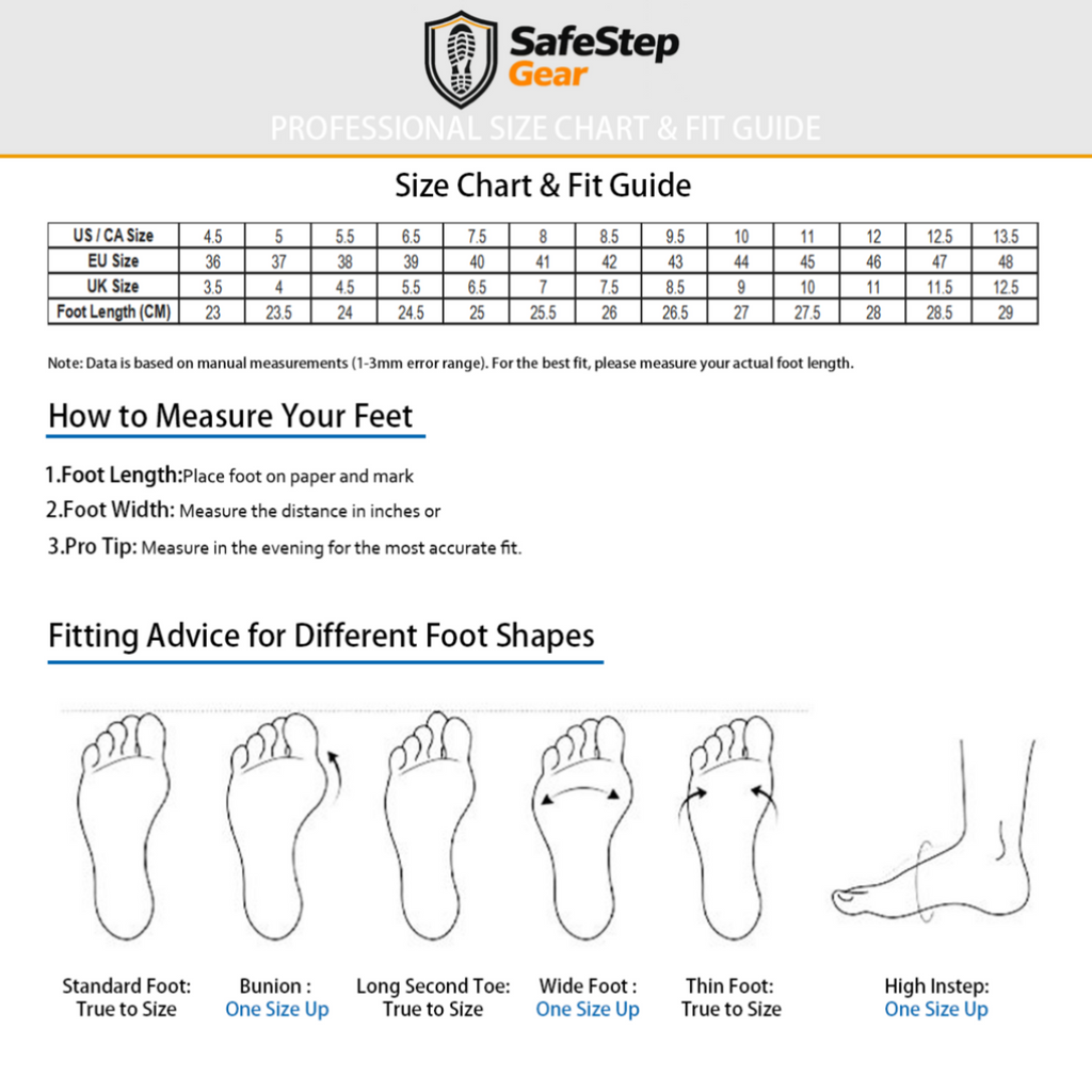SafeStep PRO official size chart and fit guide with US EU UK conversion table and measuring instructions for steel toe safety sneakers