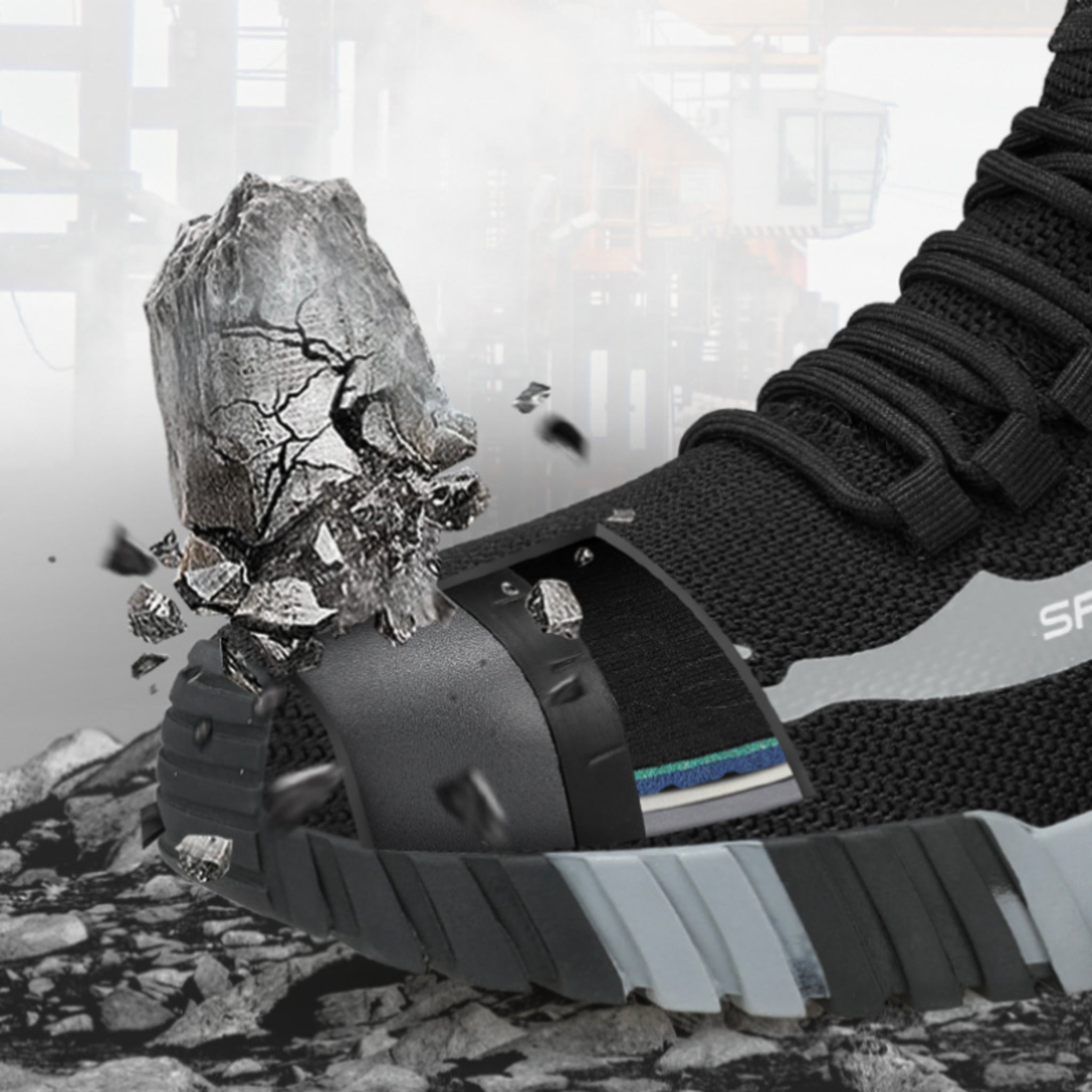 SafeStep PRO steel toe cap impact resistance test demonstrating heavy-duty anti-smash protection against falling objects