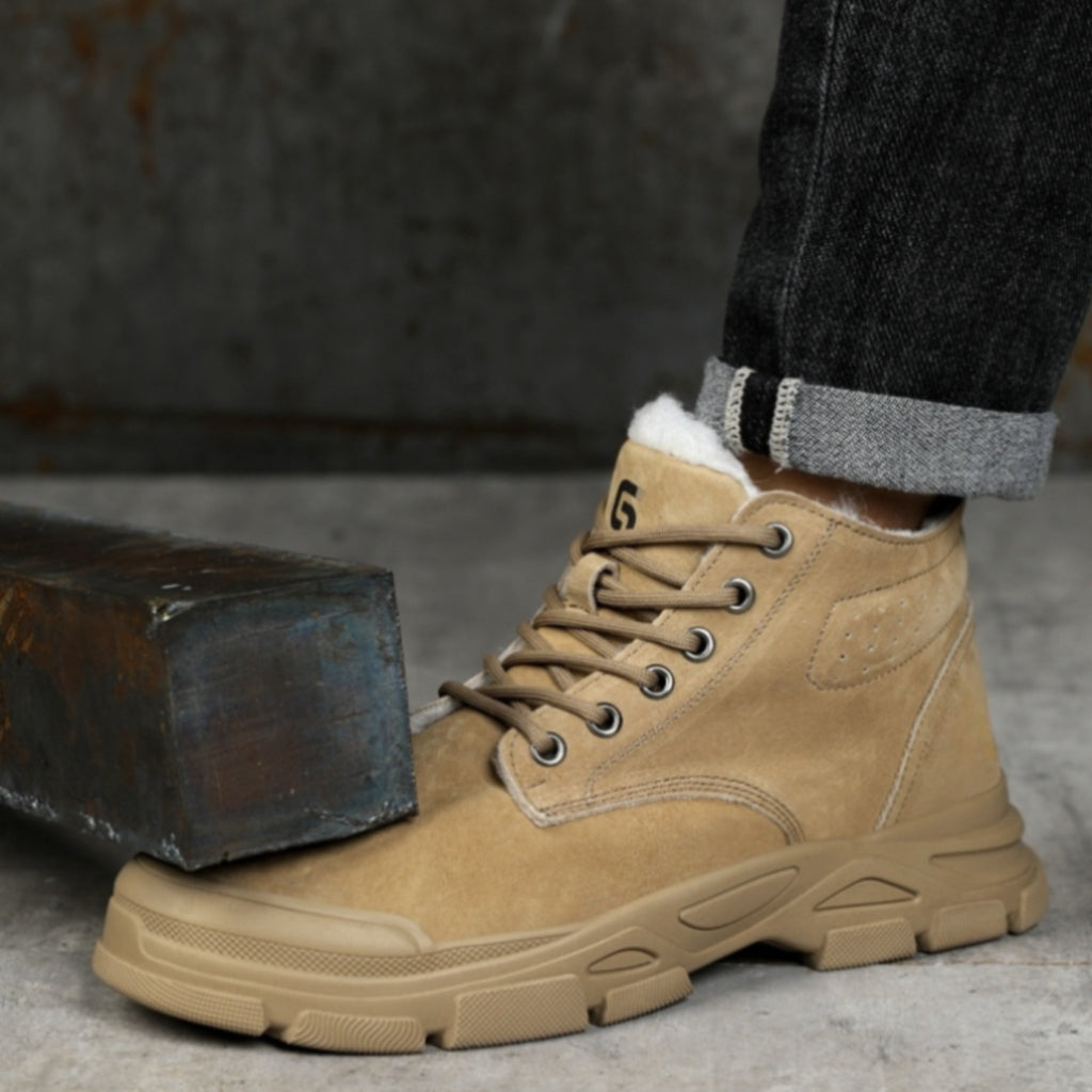 Detailed interior view of SafeStep winter work boots showing thick thermal fur lining and widened impact-resistant steel toe cap.