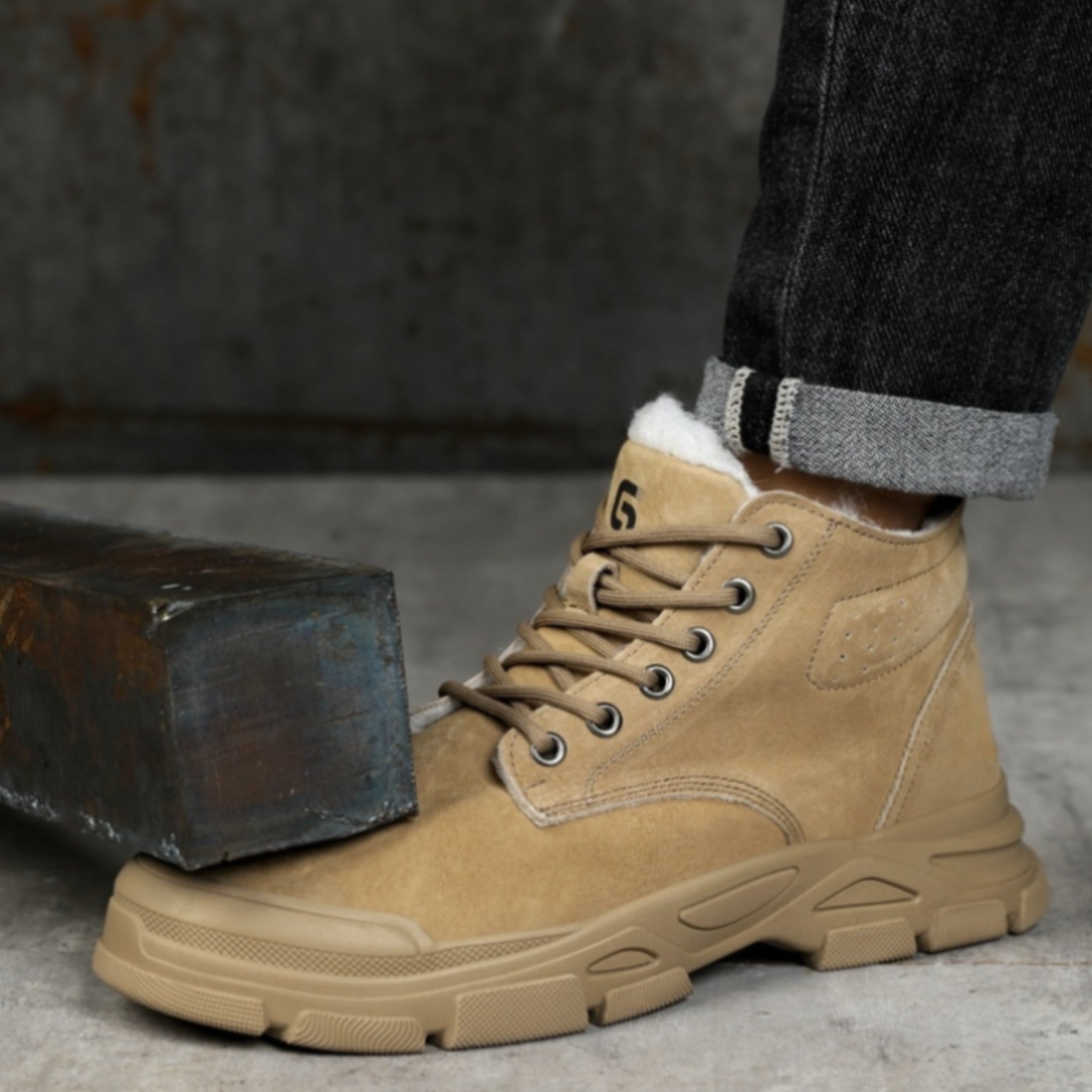 Detailed interior view of SafeStep winter work boots showing thick thermal fur lining and widened impact-resistant steel toe cap.