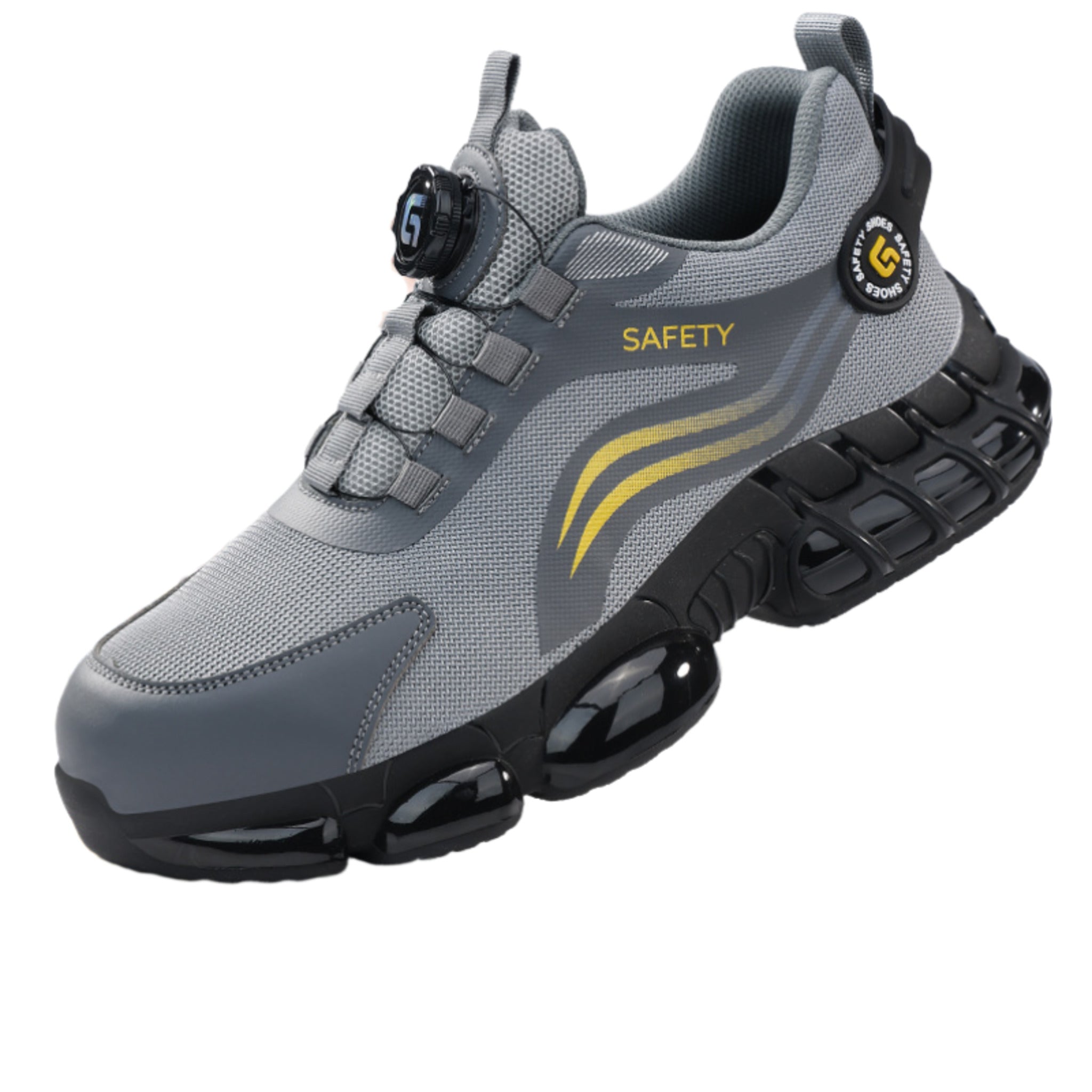 Grey SafeStep rotary buckle safety sneakers with a modern athletic design, steel toe protection, and durable non-slip sole for industrial work.