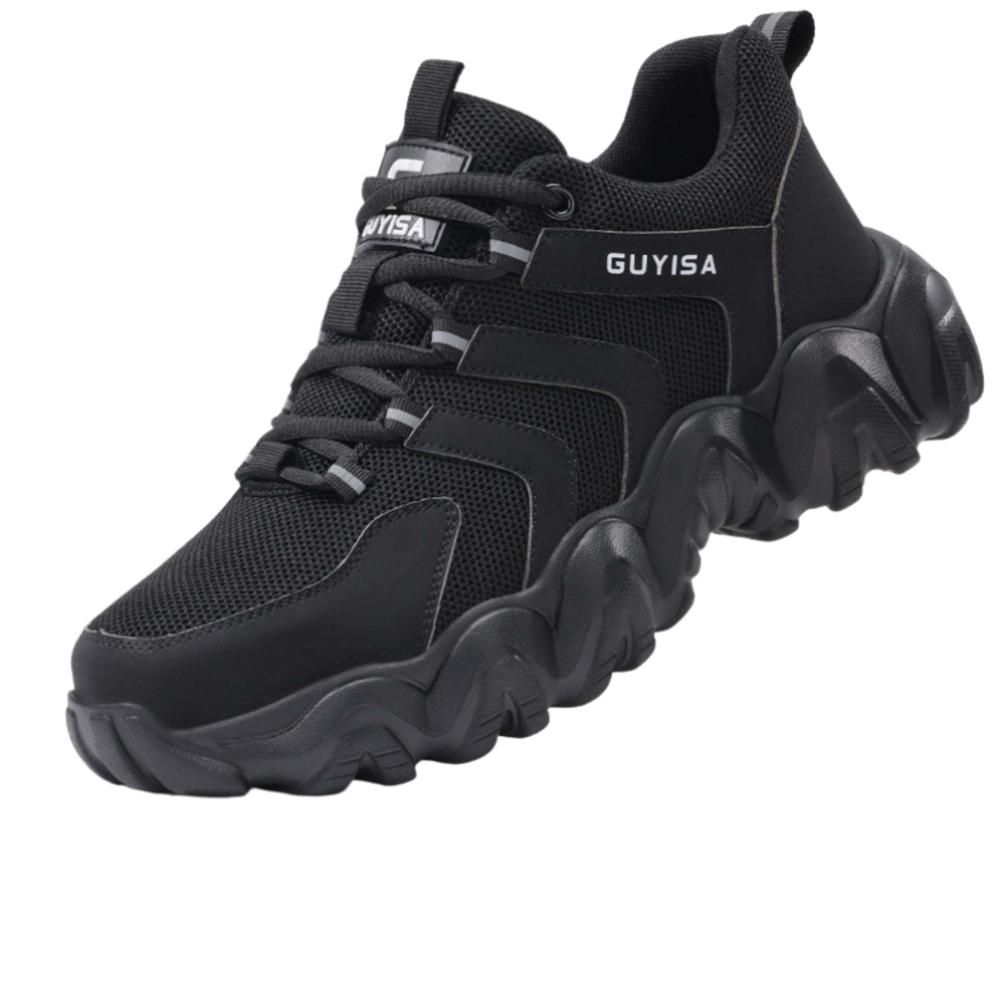 Triple Black GUYISA safety sneakers with a high-rebound wave sole, breathable mesh upper, and heavy-duty steel toe protection for professional industrial use.