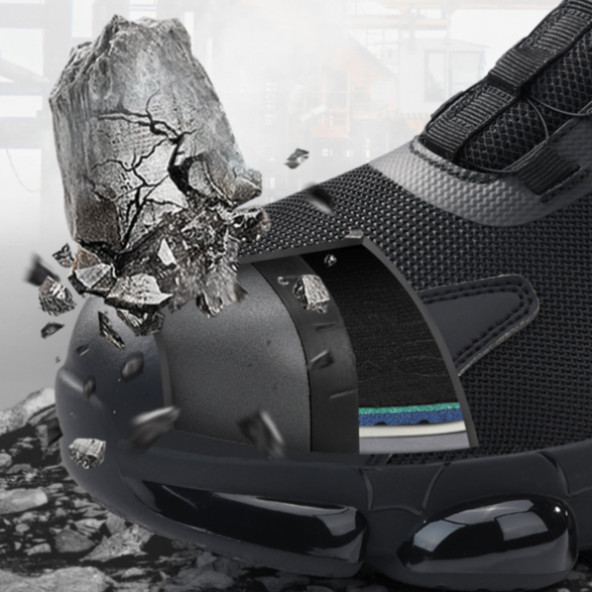 Extreme close-up of rotary buckle safety sneakers demonstrating 200J impact resistance with a reinforced steel toe cap against falling debris