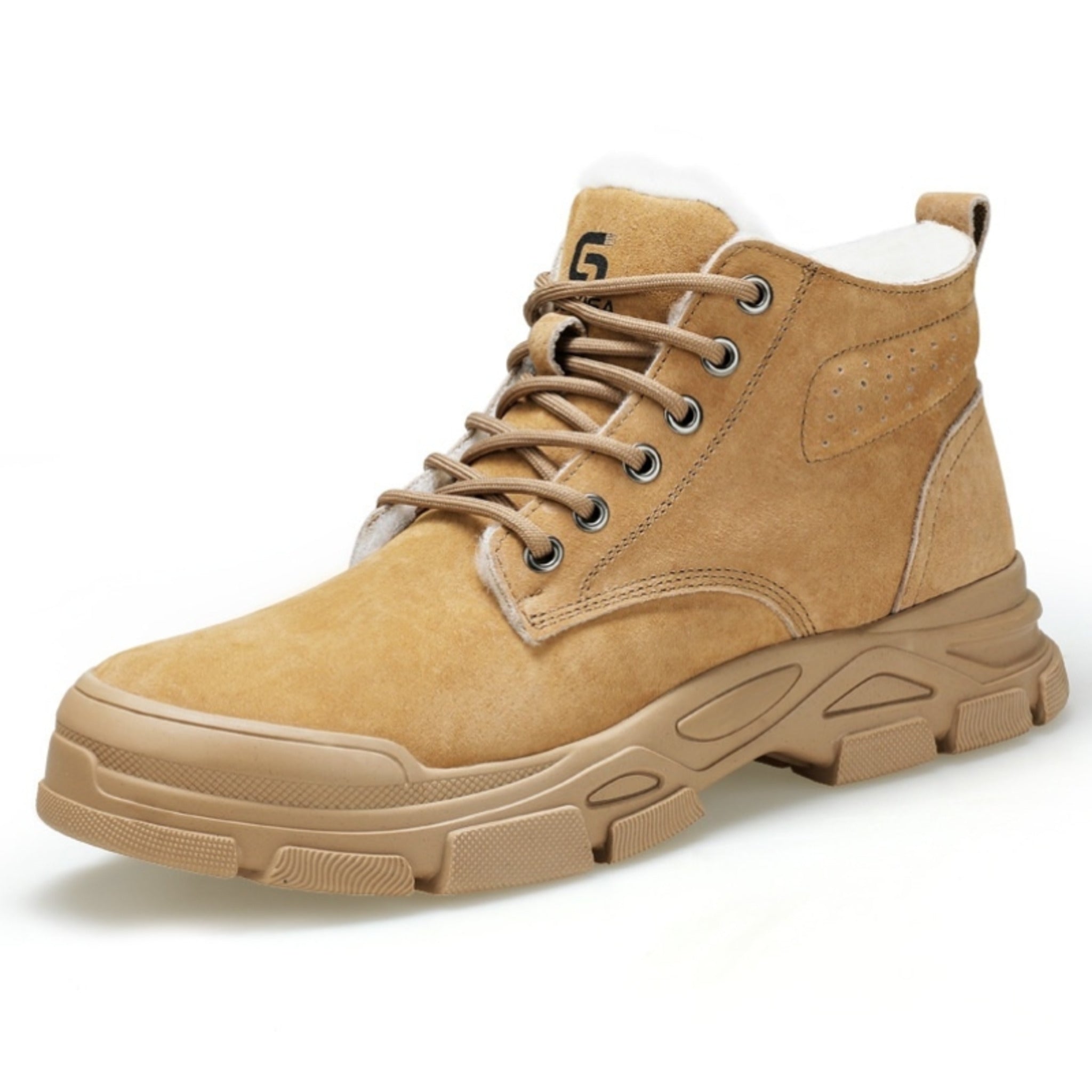 Side view of insulated suede safety boots with thick white fleece lining for extreme cold weather