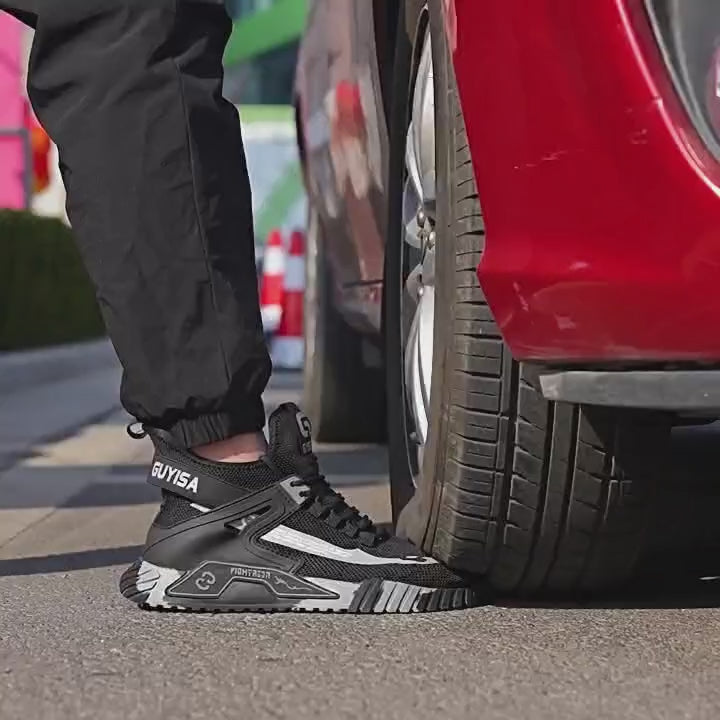 Video showing car tire running over SafeStep PRO steel toe safety sneakers to demonstrate indestructible crush resistance and ASTM protection