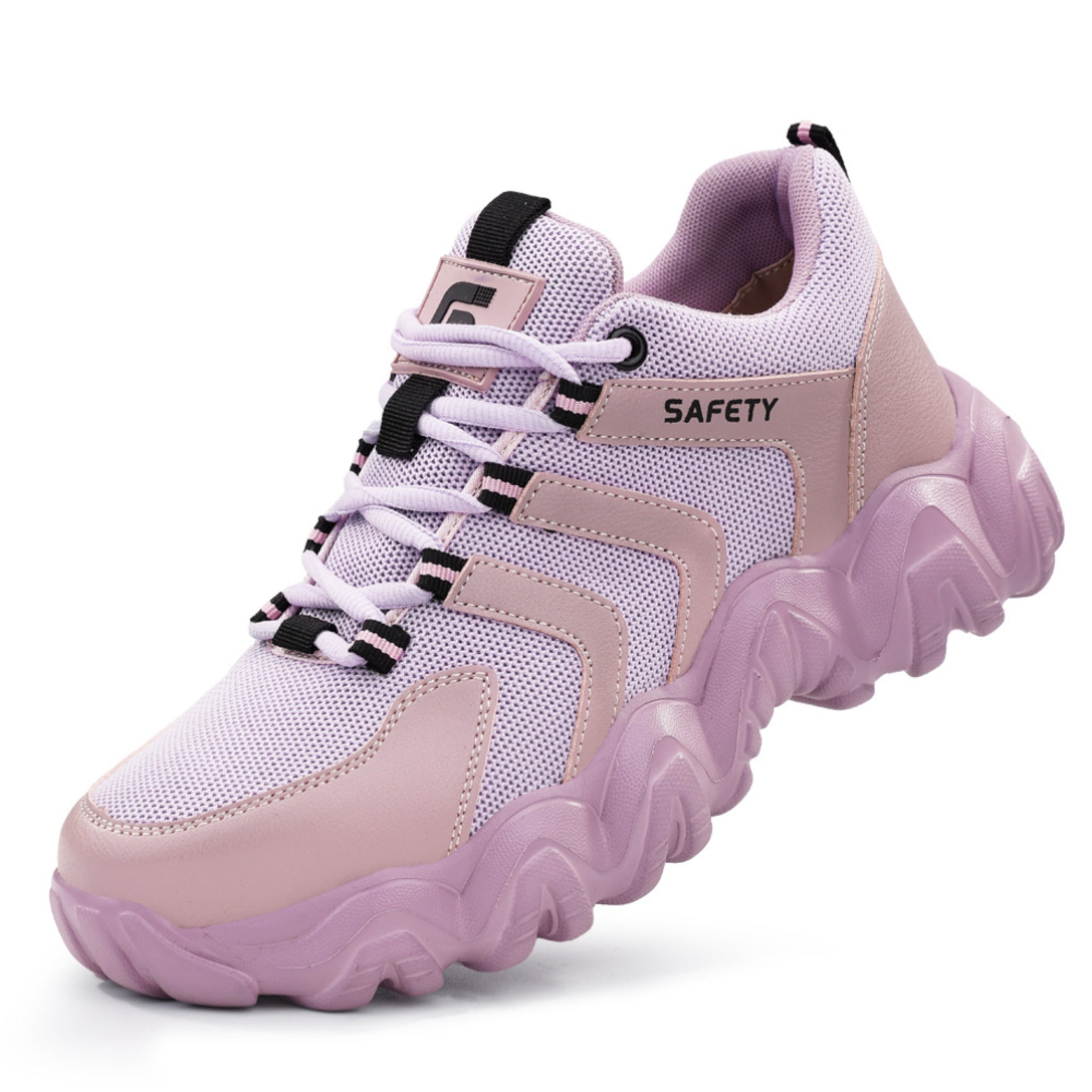 SafeStep CLOUD™ safety sneakers in Lavender Mist, featuring a lightweight flyknit mesh upper, chunky wave cushioning sole, and protective steel toe for women.