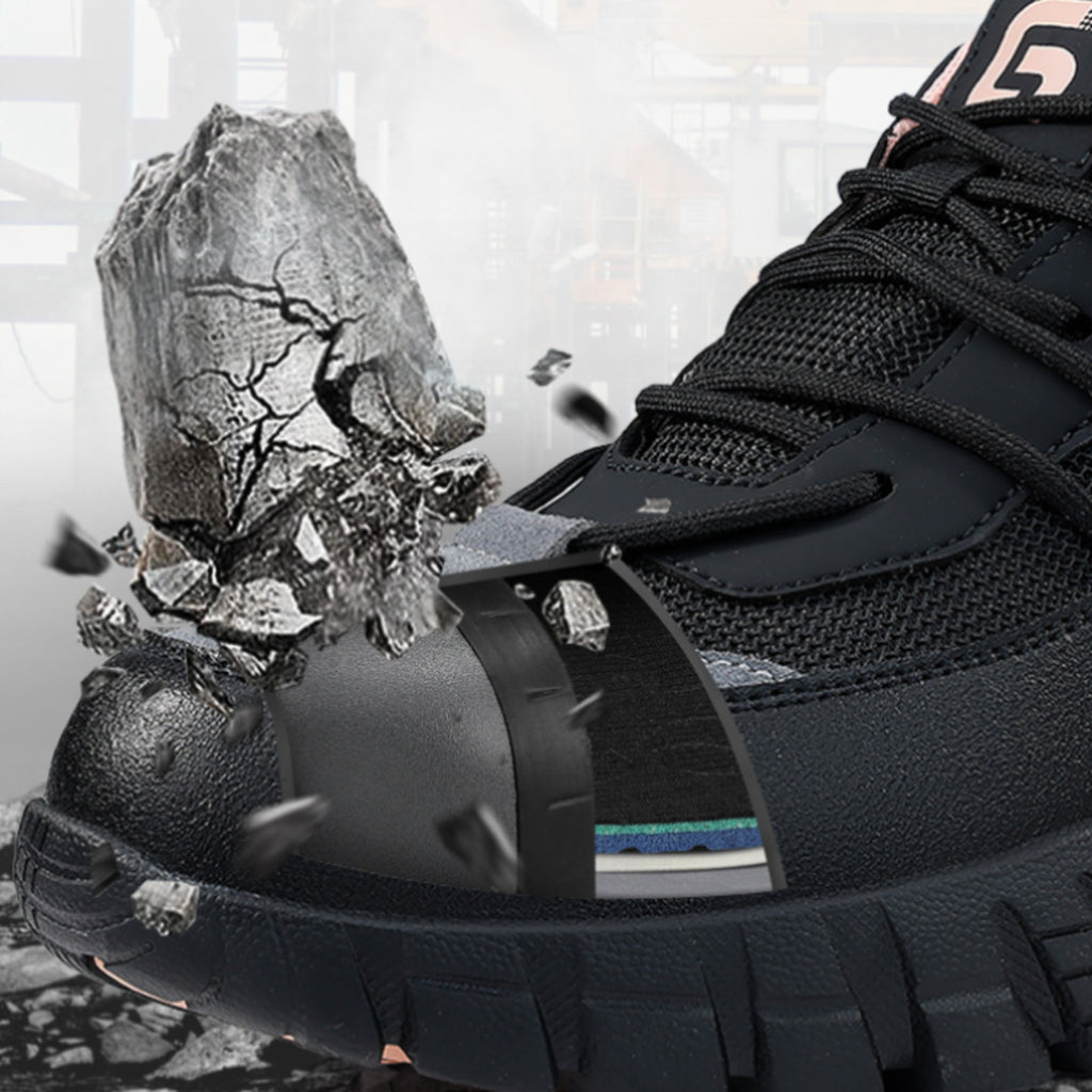 Safety performance test of SafeStep Lady sneakers, showing a heavy rock impact against the internal steel toe cap with 200J impact resistance.