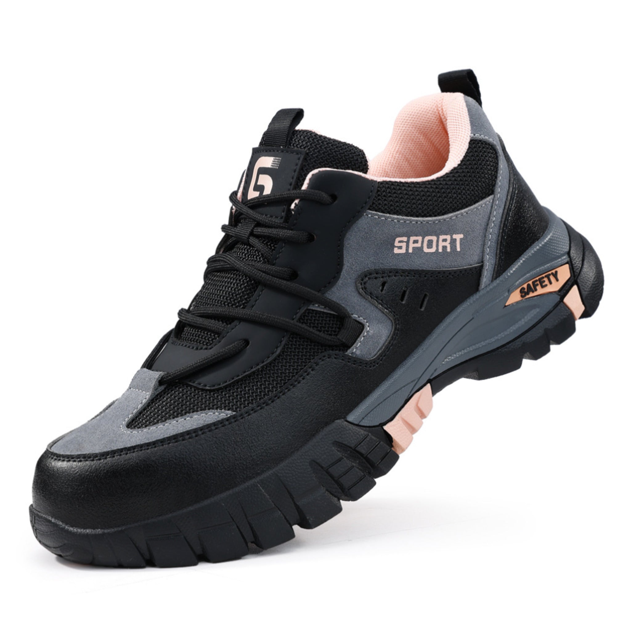 A professional view of SafeStep Lady safety sneakers in grey and pink, featuring a reinforced microfiber upper and an anti-slip thick rubber sole for women.