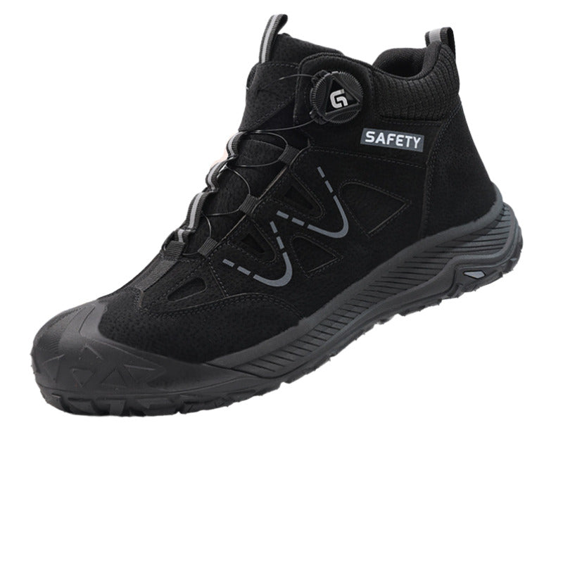 Side view of SafeStep PRO all-black indestructible safety sneakers with a quick-lacing dial system, water-resistant upper, and anti-smash steel toe.