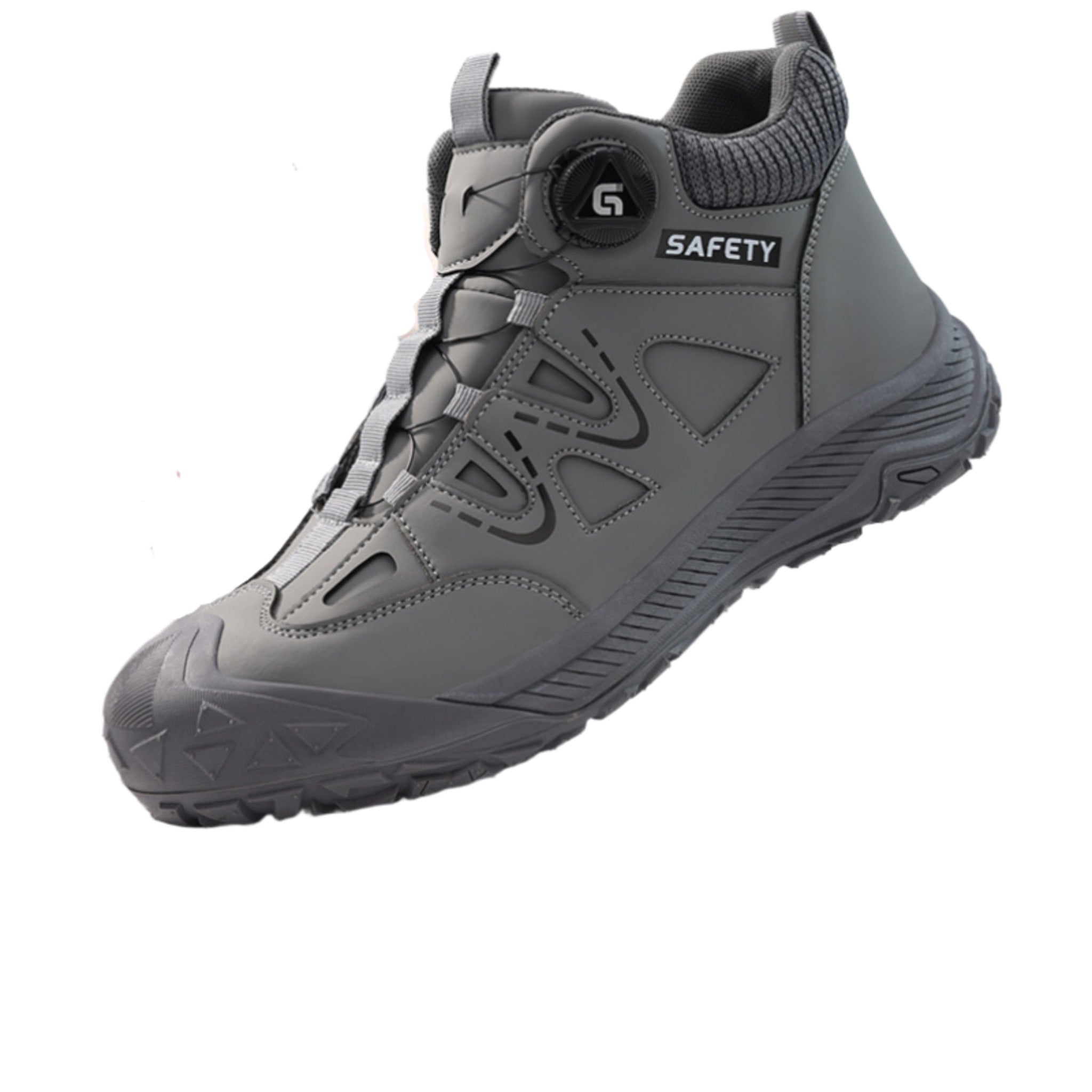 Side view of SafeStep PRO indestructible work sneakers in grey, featuring a rotary quick-lacing dial, reinforced microfiber upper, and high-traction rubber outsole.