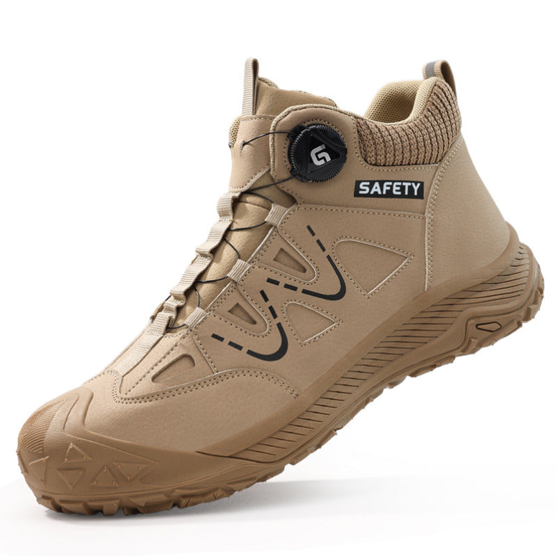 Side profile of SafeStep PRO khaki safety sneakers, showcasing the quick-lacing rotary dial, waterproof microfiber upper, and rugged anti-slip sole.