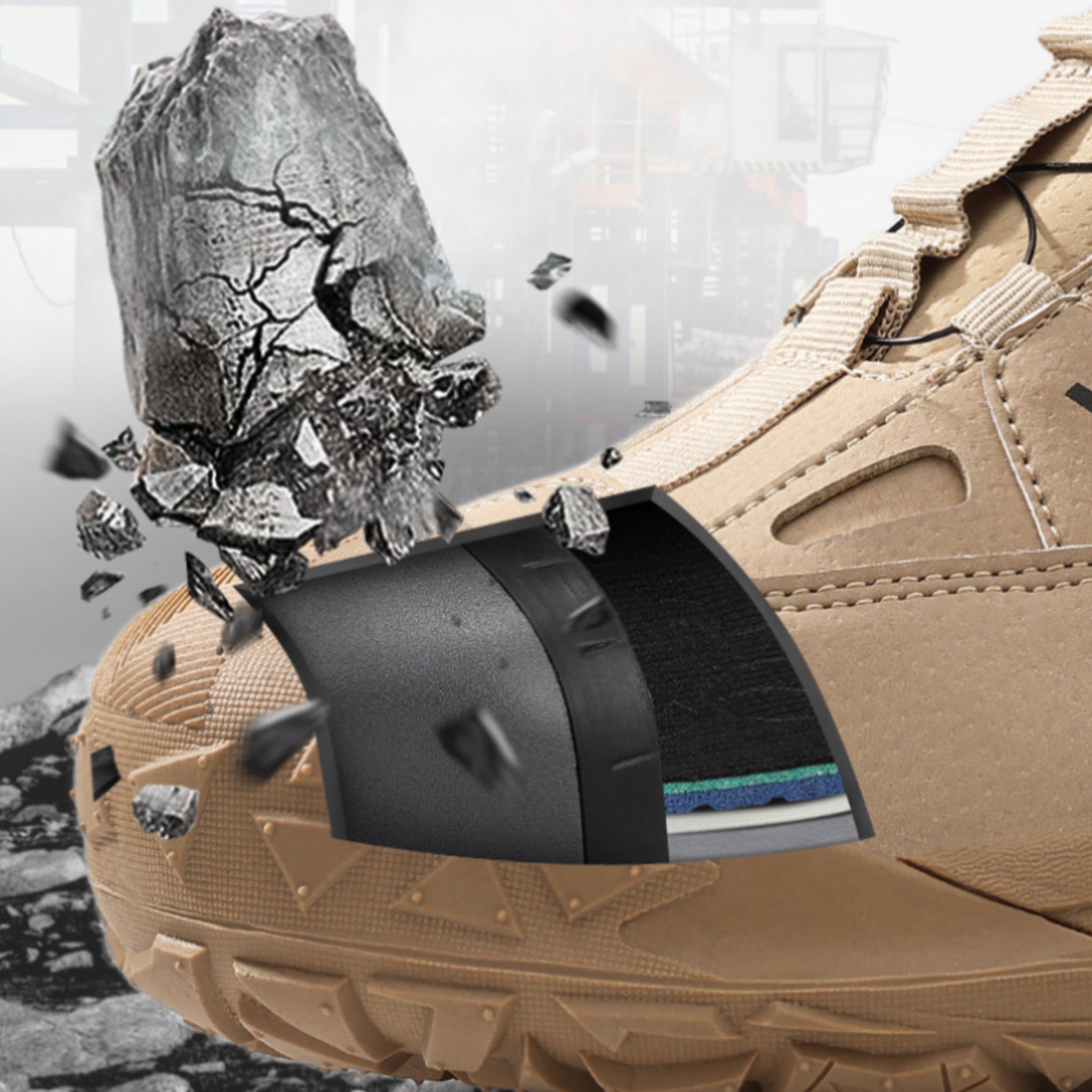 A macro view of SafeStep PRO safety sneakers showing a rock shattering upon impact with the reinforced steel toe cap, highlighting its heavy-duty industrial protection.