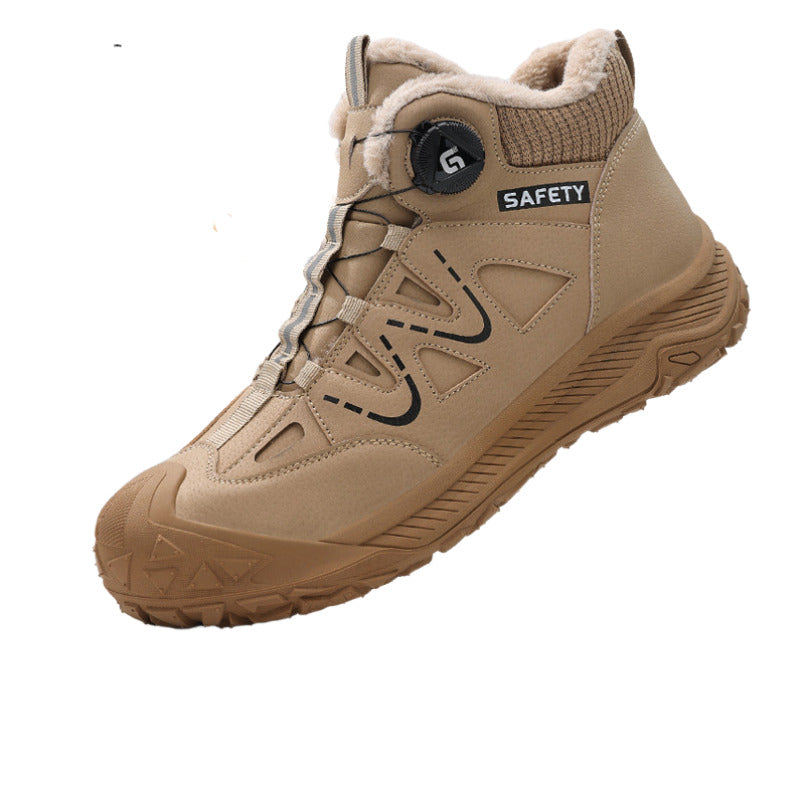 A side view of SafeStep PRO winter safety sneakers in khaki, featuring a warm faux fur lining, rotary quick-lacing system, and anti-smash steel toe.
