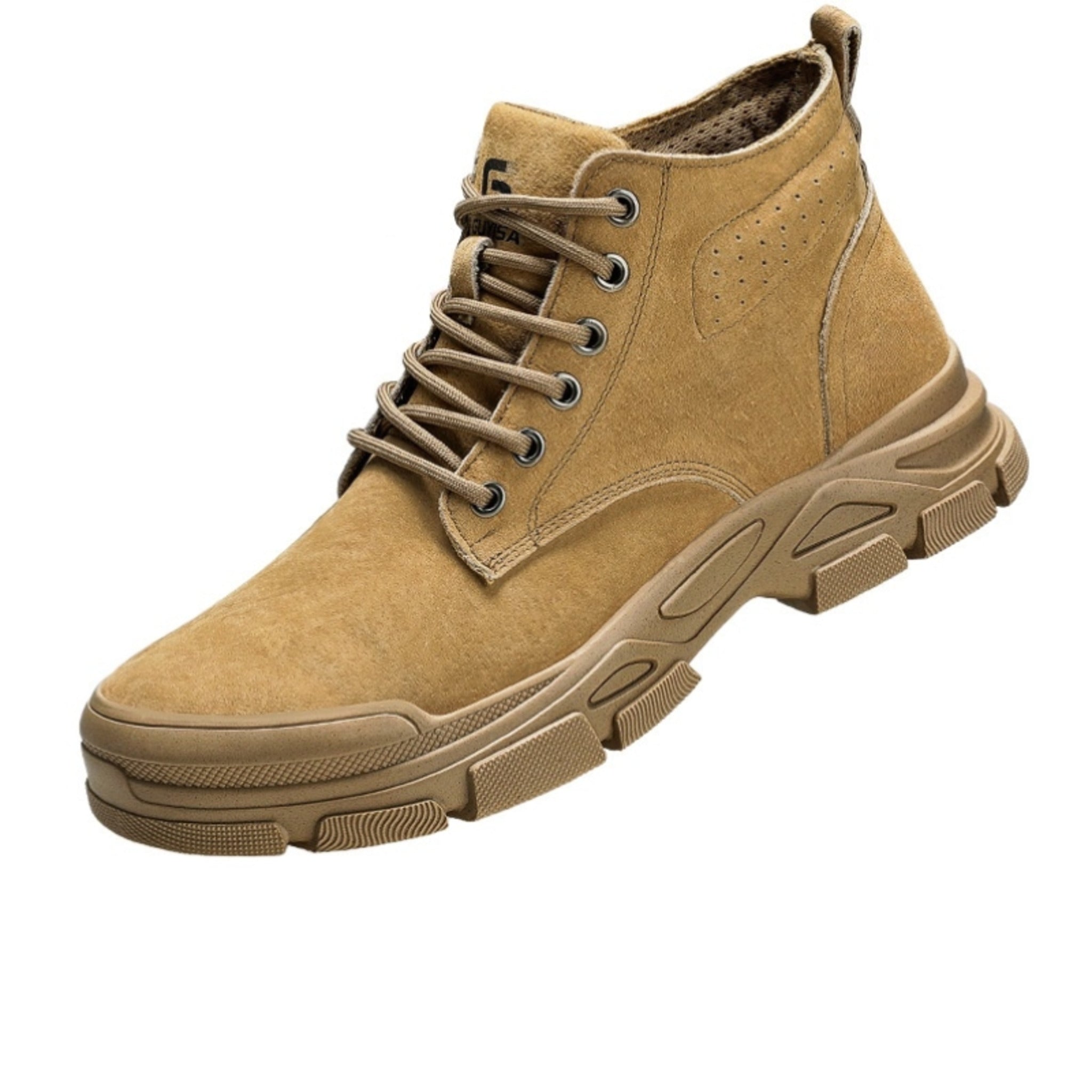 ide view of SafeStep unisex winter work boots made of tan suede leather with integrated steel toe protection