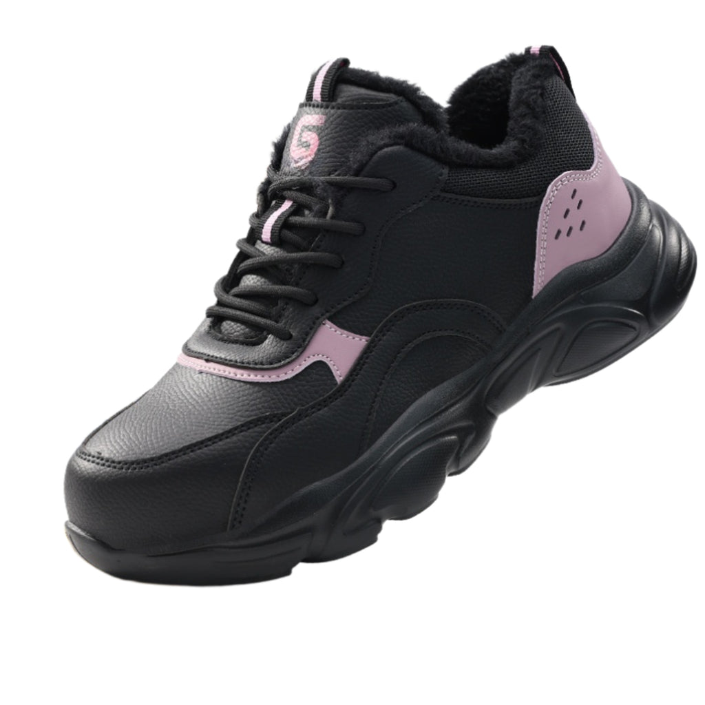 SafeStep women's winter safety sneakers featuring warm faux fur lining, a stylish black and pink leather upper, and protective steel toe for cold weather work.